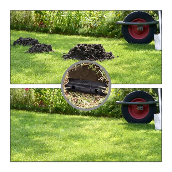 Informatieve afbeelding van een tuin met molshopen, een kruiwagen en de diervriendelijke mollenklem in en uit de grond.