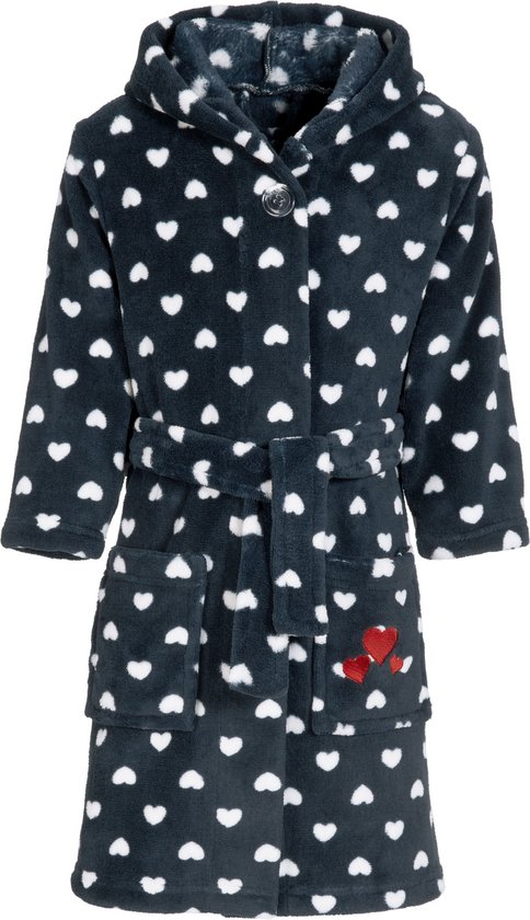 Playshoes - Fleece badjas met capuchon voor meisjes - blauw & hartjes - maat 146-152cm
