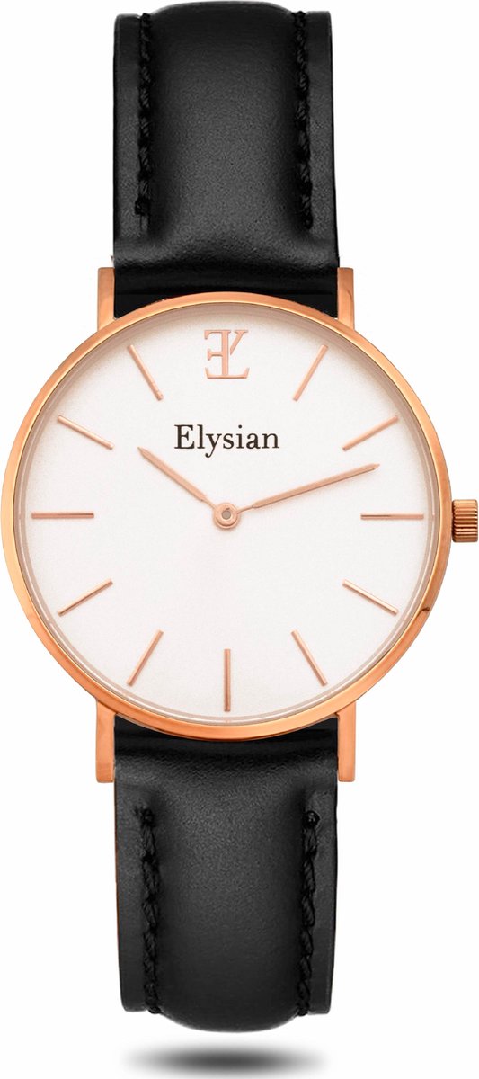 Elysian - Horloge Dames - Rose Goud - Zwart Leer - 36mm - Waterdicht - Cadeau Voor Vrouw