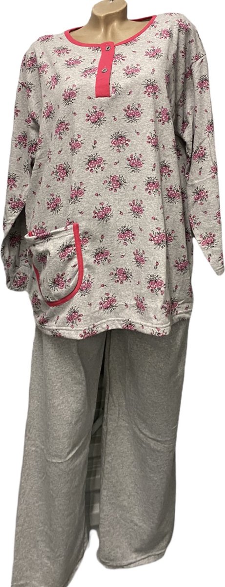 Dames pyjamaset flanel met bloemenprint XL grijs/roze