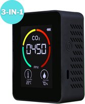 3 in 1 CO2 Meter - Thermometer - Hygrometer binnen - Horeca - Luchtkwaliteitsmeter - Draagbaar en Oplaadbaar - Melder met Alarmfunctie - Zwart