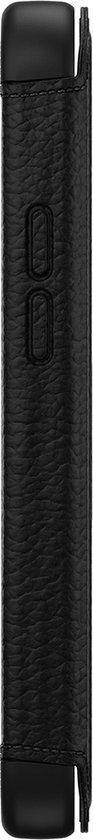 Zwarte OtterBox Strada telefoonhoes, zijkant met knoppen.