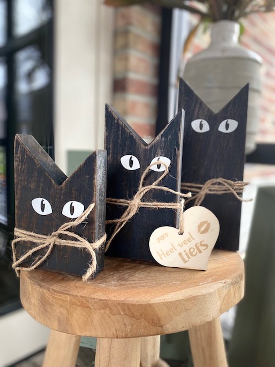 Houten kattenset van 3 - 24-19-14 cm - blackwash - poes - inclusief houten hartje
