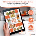 Tablet met een kookboek genaamd "Het Lekro Kookboek" met foto's van gerechten. Vegan, vegetarisch en vlees/vis iconen.
