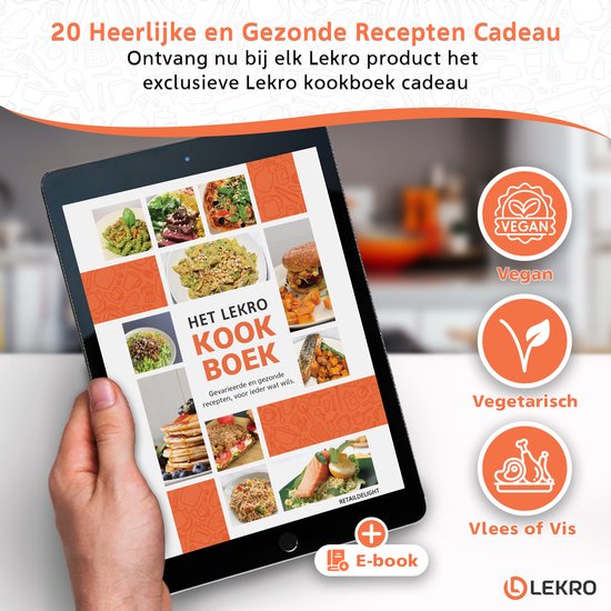 Tablet met een kookboek genaamd "Het Lekro Kookboek" met foto's van gerechten. Vegan, vegetarisch en vlees/vis iconen.