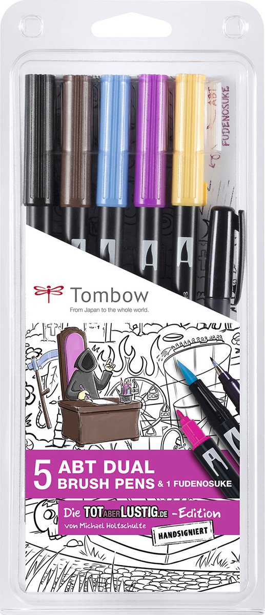 Tombow Dual Brush Pen Tot-Aber-Lustig – set van 5 penseelstiften + 1 zwarte fineliner – op waterbasis – voor aquarel, handlettering, kalligrafie, manga en meer