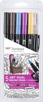 Tombow Dual Brush Pen Tot-Aber-Lustig - set van 5 penseelstiften + 1 zwarte fineliner - op waterbasis - voor aquarel, handlettering, kalligrafie, manga en meer