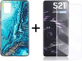 Samsung S21 Ultra Hoesje - Samsung Galaxy S21 Ultra Hoesje Marmer Donkerblauw Oceaan Print Siliconen Case - 1x Samsung S21 Ultra Screenprotector UV