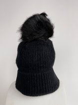 Gebreide Muts met Thermische Vulling - Winter Beanie met pompon - Zwart - Een Maat