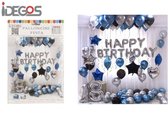 IDEGOS Ballonnen set - 74 stuks - Happy Birthday ballonnen - Blauw/Zilver - Folieballon - Sterren ballonnen - Ronde Ballonnen - Hartjes Ballon - Feestversiering decoratie - Kinderf