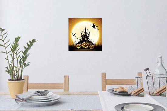 Muurstickers - Sticker Folie - Een illustratie van een heks die over een kasteel vliegt tijdens Halloween - 30x30 cm - Plakfolie - Muurstickers Kinderkamer - Zelfklevend Behang - Zelfklevend behangpapier - Stickerfolie