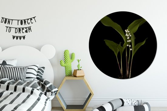 WallCircle - Stickers muraux - Cercle de papier peint - Muguet avec feuilles sur fond noir - ⌀ 140 cm - Cercle mural - Autocollant - Sticker papier peint rond
