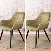 Eetkamerstoel Ravi - vintage - armstoel - stoel - velvet - velours - fluweel - groen - zwart metaal - met armleuning - set van 2