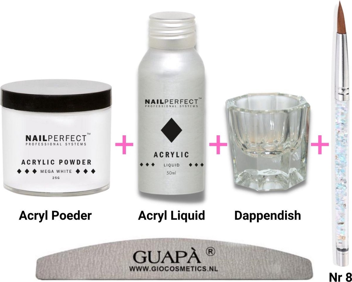Goedkoopste GUAPÀ® Acryl Starterspakket Mega White | Acryl Poeder | Acrylic Liquid | Acryl Penselen | Dappendish | Acryl nagels | Professionele Kwaliteit