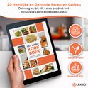 Tablet waarop het 'Lekro Kook Boek' wordt getoond, met diverse recepten. Naast de tablet staan icoontjes voor 'Vegan', 'Vegetarisch' en 'Vlees of Vis'.