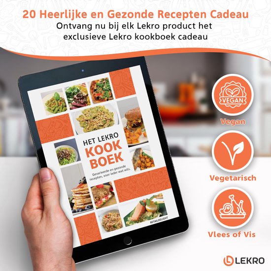 Tablet waarop het 'Lekro Kook Boek' wordt getoond, met diverse recepten. Naast de tablet staan icoontjes voor 'Vegan', 'Vegetarisch' en 'Vlees of Vis'.