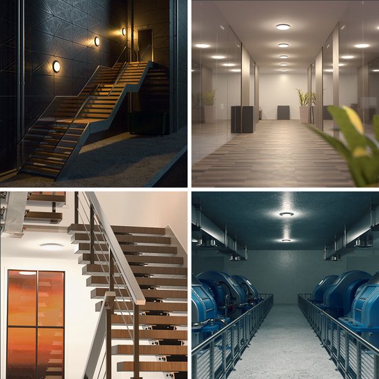 Vier afbeeldingen die de lamp in verschillende buiten- en binnenomgevingen laten zien: trappenhuis, kantoorgang, en een industriële ruimte.