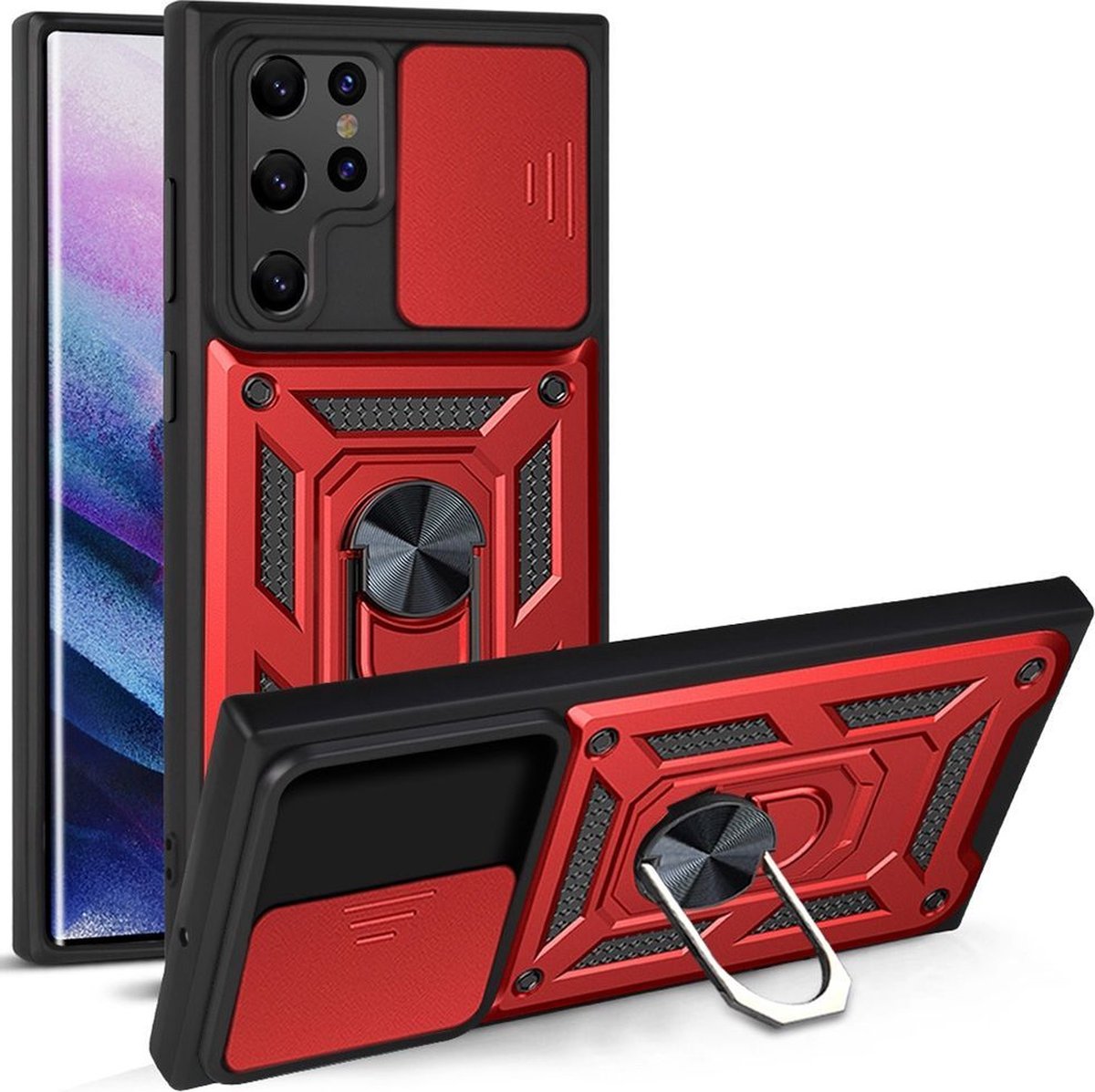 Mobigear Hoesje geschikt voor Samsung Galaxy S22 Ultra Telefoonhoesje Hardcase | Mobigear Armor Ring Cam Slide Backcover Shockproof met Ringhouder | Schokbestendig Galaxy S22 Ultra Telefoonhoesje | Anti Shock Proof - Rood