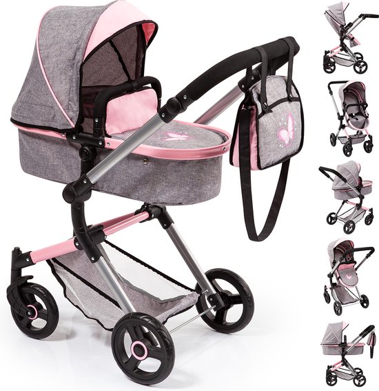 Grijze poppenwagen met roze details, kap, boodschappenmand en bijpassende tas met vlinder.