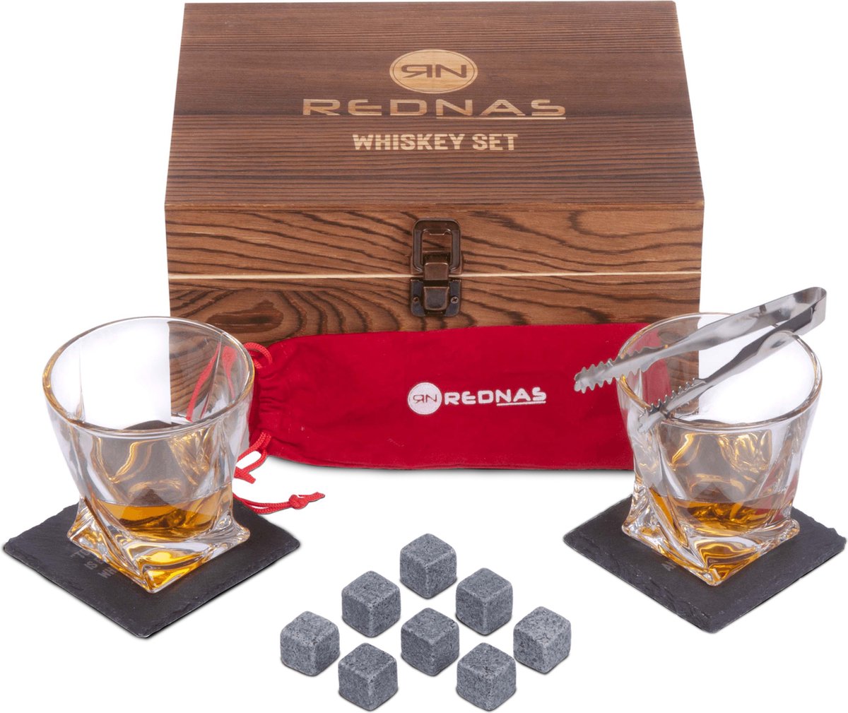 Rednas Whiskey Set - Valentijn Cadeau Voor Hem - 15-delig - Whiskey Glazen - Whiskey Stones - Onderzetters - 15-delig - houten kist - natuursteen