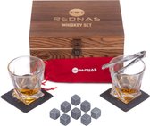 Rednas Whiskey Set - 15-delig - Whiskey Glazen - Whiskey Stones - Onderzetters - 15-delig - houten kist - natuursteen