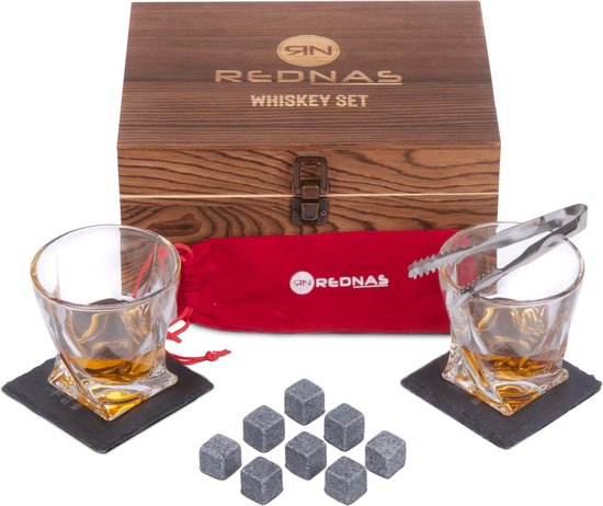 Rednas Whiskey Set - 15-delig - Whiskey Glazen - Whiskey Stones - Onderzetters - 15-delig - houten kist - natuursteen