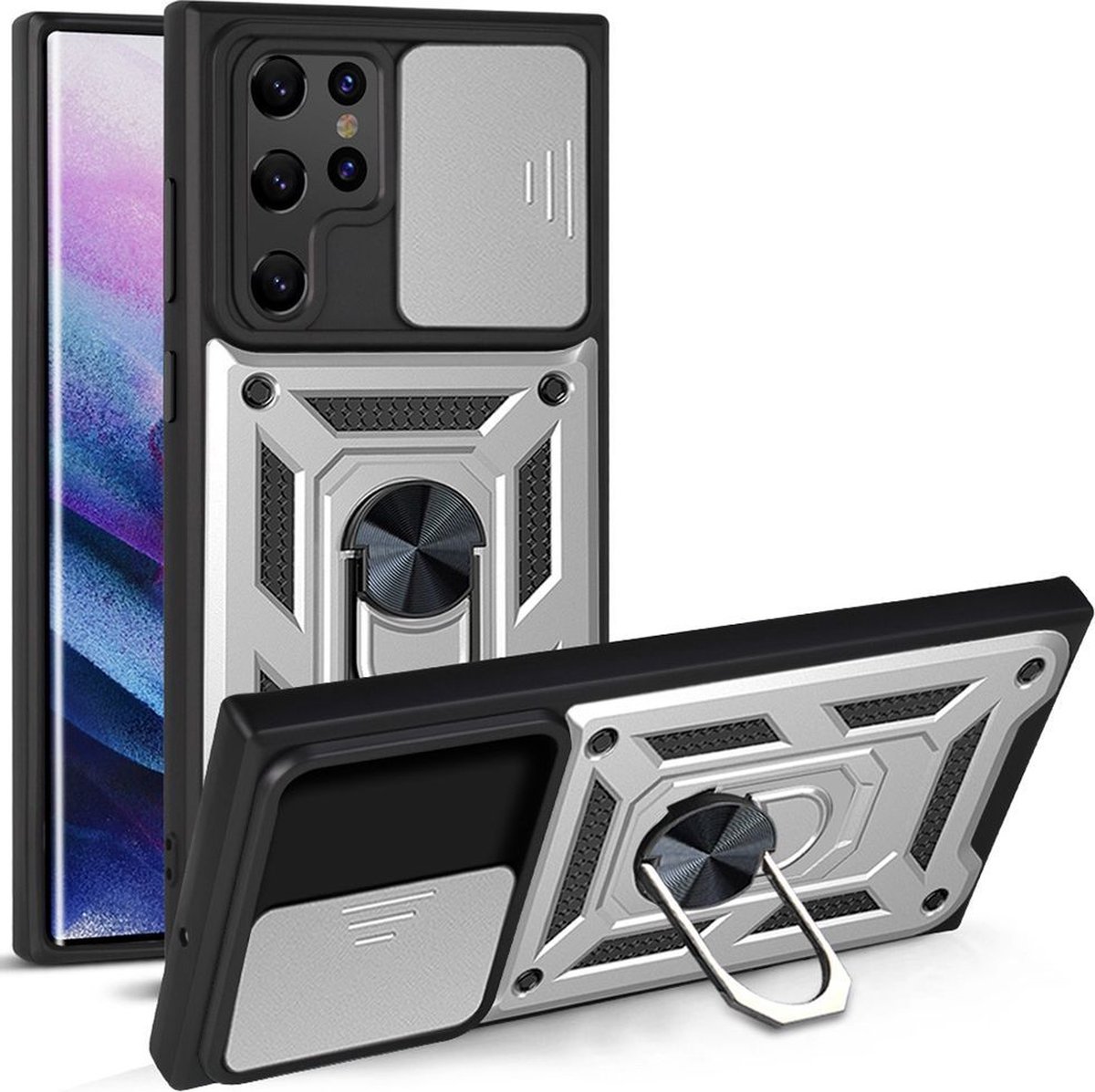 Mobigear Hoesje geschikt voor Samsung Galaxy S22 Ultra Telefoonhoesje Hardcase | Mobigear Armor Ring Cam Slide Backcover Shockproof met Ringhouder | Schokbestendig Galaxy S22 Ultra Telefoonhoesje | Anti Shock Proof - Zilver