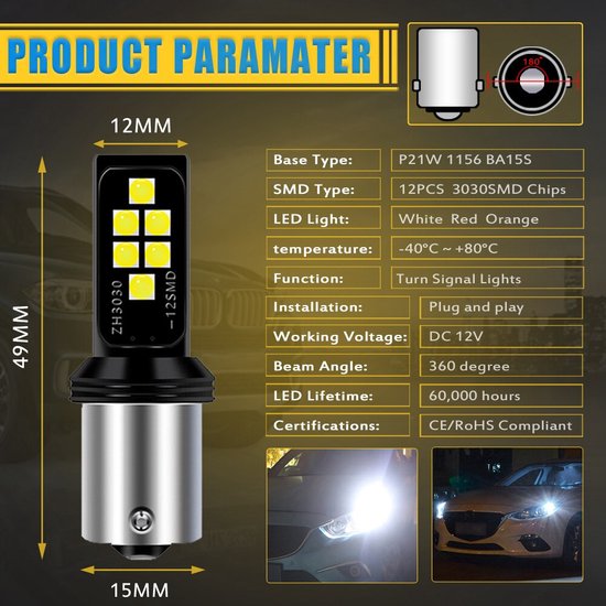 SIGNALISATION LED-BULB 6 TO 12V, 360° RED, P21w, BA15s