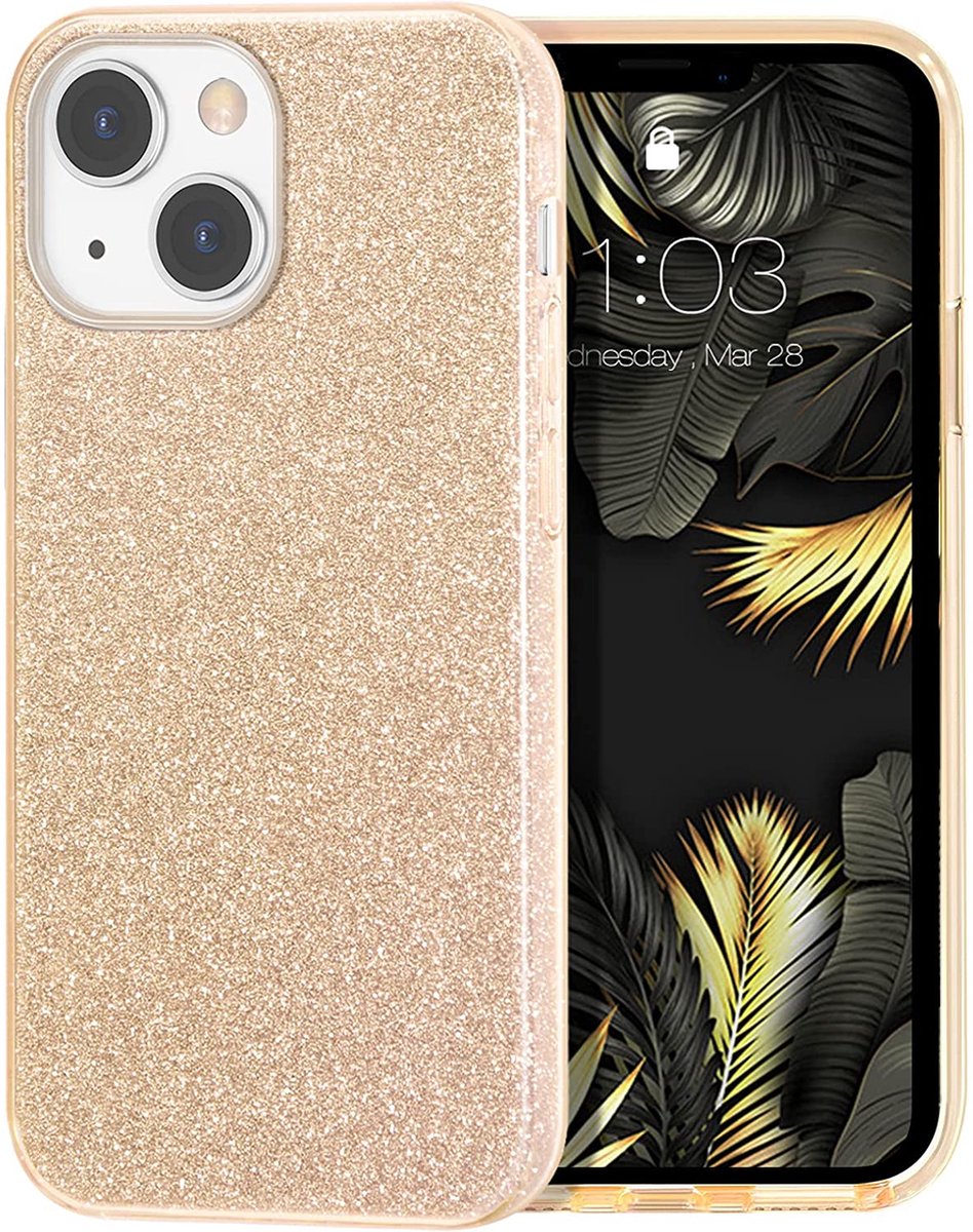HB Hoesje Geschikt voor Apple iPhone 13 Mini - Goud - Glitter Back Cover