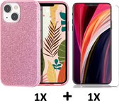 iPhone 13 Mini Hoesje Roze & Glazen Screenprotector - Glitter Back Cover