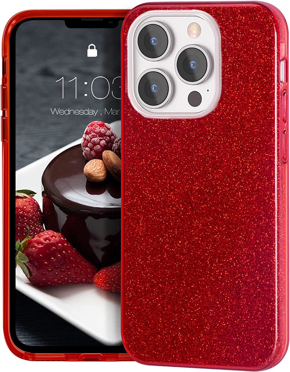 HB Hoesje Geschikt voor Apple iPhone 13 Pro Max - Rood - Glitter Back Cover
