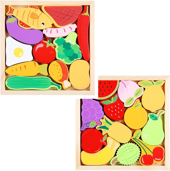 4yourkids - Houten speelgoed 2 set 3D puzzel - Fruit en Groenten - Blok puzzel - Vroege educatieve ontwikkeling - Jongens en meisjes - Kinderen - 3 jaar - Gift - Cadeau