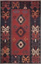 Vintage Laagpolig Vloerkleed " Zentioqa " - Perzisch Tapijt met Oosterse motieven in de kleur Rood/Antraciet met Crème/Blauw/Terracotta accenten  200x300 cm