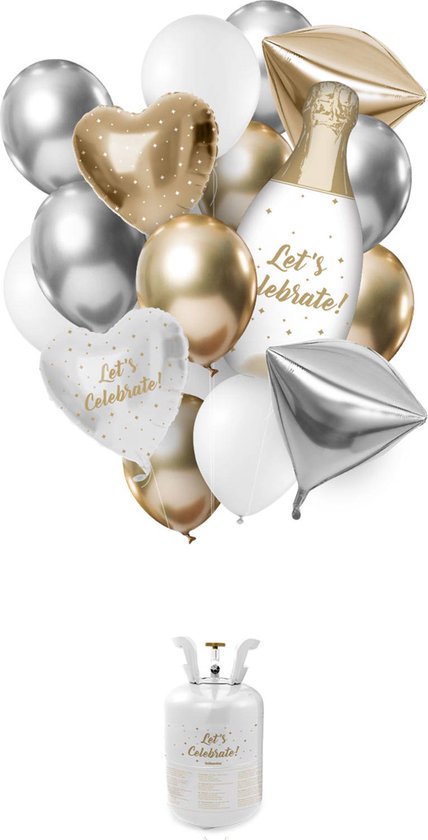 Folat Heliumtank Balloongaz Celebrate Goud/zilver/wit 19-delig