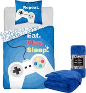 Dekbedovertrek Gamer-Eat Play Sleep - Eenpersoons - 140 x 200 cm - Katoen, incl.  Fleece deken- 150x200cm- 100% Polyester Blauw