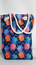 Strandtas met rits - Blauw / Zwart - Gekleurde ananassen Print - Eenzijdig bedrukt - 44cm x 34 cm - Beach Bag - Vakantie - Strand - Gecoat - Moederdag Cadeau Tip!!