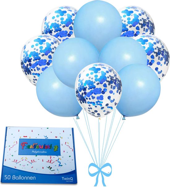 TwinQ 50x Blauwe Feest Confetti en Helium Ballonnen Set - Verjaardag Versiering - Babyborrel - Babyshower -  Sweet 16 Feest - Ballonnenboog - Latex