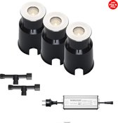 (Complete set) - 3 x LED grondspot Almada IP67 - 3 watt - 24v - Warmwit licht & 2 x Kabelverbinder T waterdicht - 24 v & 1 x LED Hamulight transformator 100w - 24v | Tuinverlichting | Buiten 