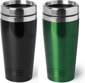 Set van 2x stuks Warmhoudbekers/warm houd bekers metallic zwart en groen 450 ml