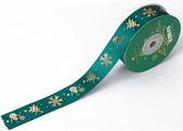 Satijnen Kerst-lint, groen met goud opdruk, 25mm breed. Rol van 25 yard = 22,86 meter.