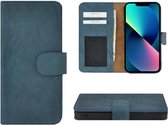 iPhone 13 Mini Hoesje - Bookcase - Portemonnee Hoes Echt leer Wallet case Washed Turquoise