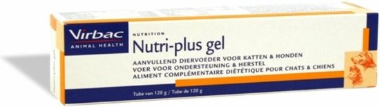 Virbac Nutri-plus gel®, 120g tube met Nederlandse en Franse tekst en afbeelding van een vos.