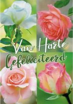 Van harte gefeliciteerd! Een mooie wenskaart met vier verschillende afbeeldingen van prachtige rozen. Een dubbele wenskaart inclusief envelop en in folie verpakt.