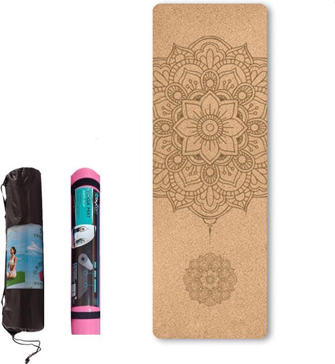 TDR - Yoga mat met tas- Natuurlijk kurk en TPE - vrij van schadelijke stoffen hypoallergeen en 100% (biologisch) afbreekbaar - zeer geschikt voor Yin Yoga en Kundalini Yoga met draagtas en draagband- 183x66x05 cm - Mandala bloem