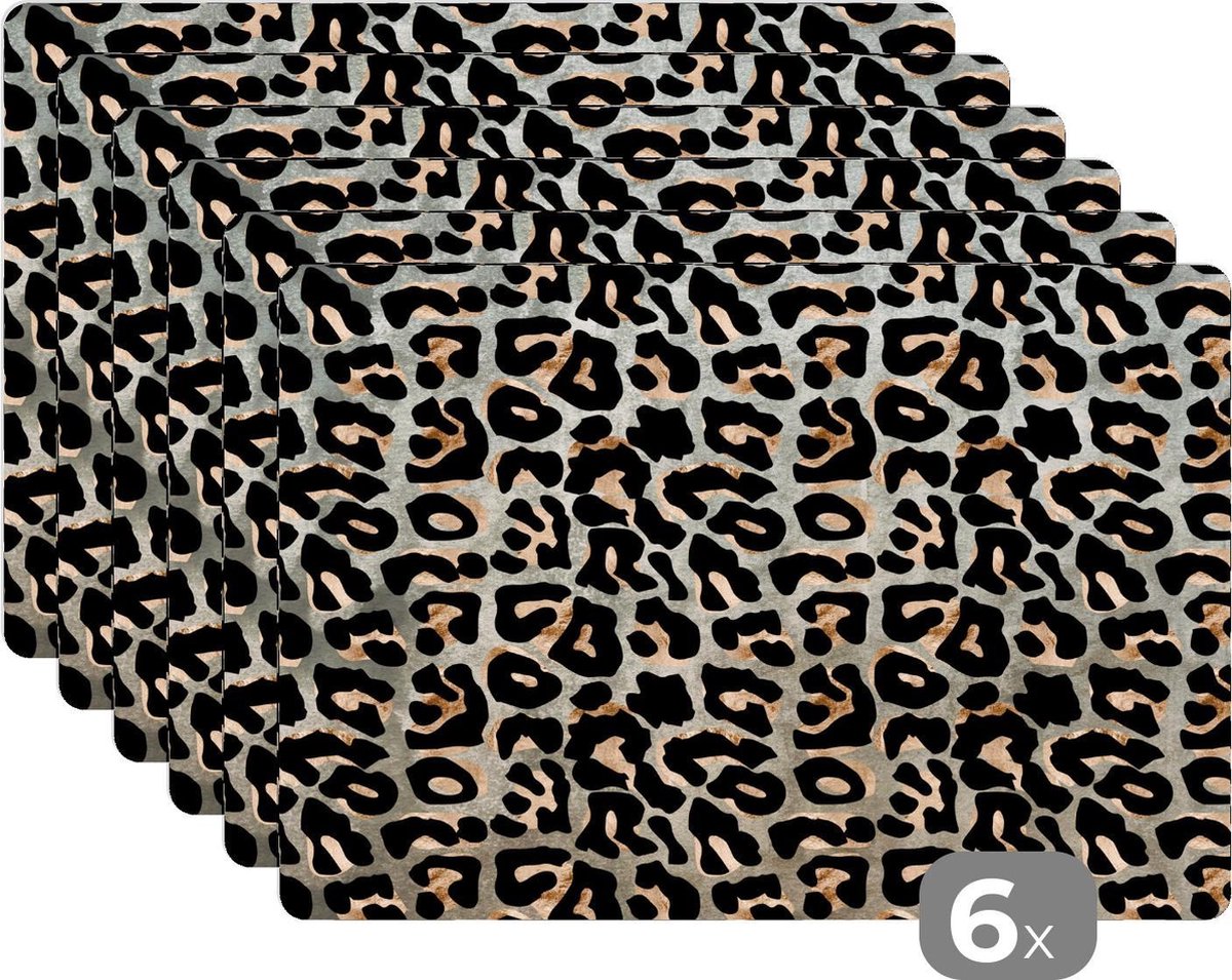 Placemat - Placemats kunststof - 45x30 cm - Dierenprint - Panter - Bruin - Luxe - 6 stuks - Borden onderleggers antislip - Tafel decoratie - Luxe tafelversiering - Tafelmat vinyl - Bord onderlegger - Tafeldecoratie accessoires