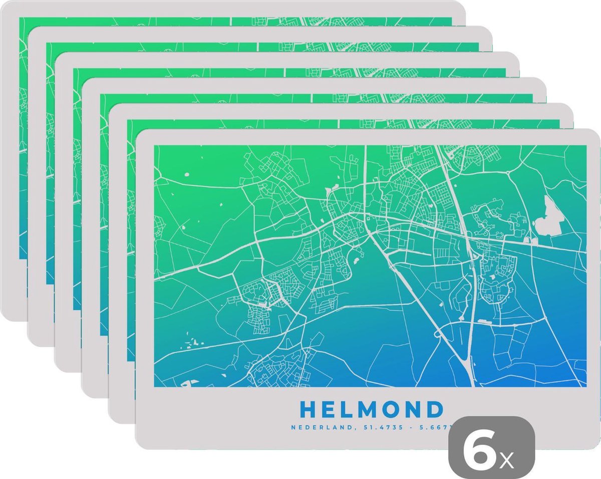 Placemat - Placemats kunststof - Stadskaart - Helmond - Nederland - Blauw - 45x30 cm - 6 stuks - Hittebestendig - Anti-Slip - Onderlegger - Afneembaar