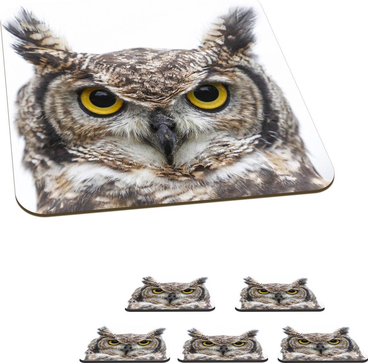 Onderzetters voor glazen - Bruine uil - Vogel - Wit - 10x10 cm - Glasonderzetters - 6 stuks
