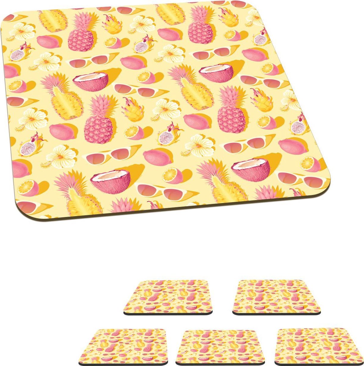 Onderzetters voor glazen - Zomer - Ananas - Geel - 10x10 cm - Glasonderzetters - 6 stuks