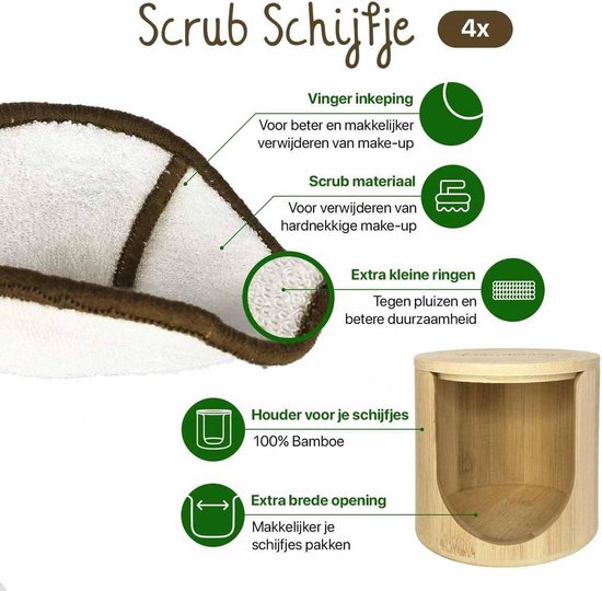 16 Herbruikbare Wattenschijfjes + Bamboe Houder - 12x Dagelijks 4x Scrub 4 laags - Wasbare Wattenschijfjes Makeup Pads Zero Waste