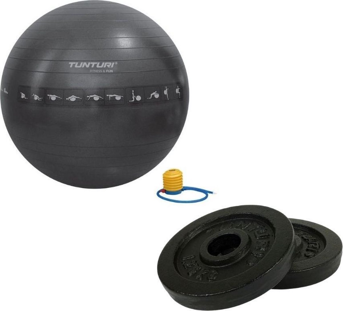 Tunturi - Fitness Set - Halterschijven 2 x 1,25 kg - Gymball Zwart met Anti Burst 65 cm